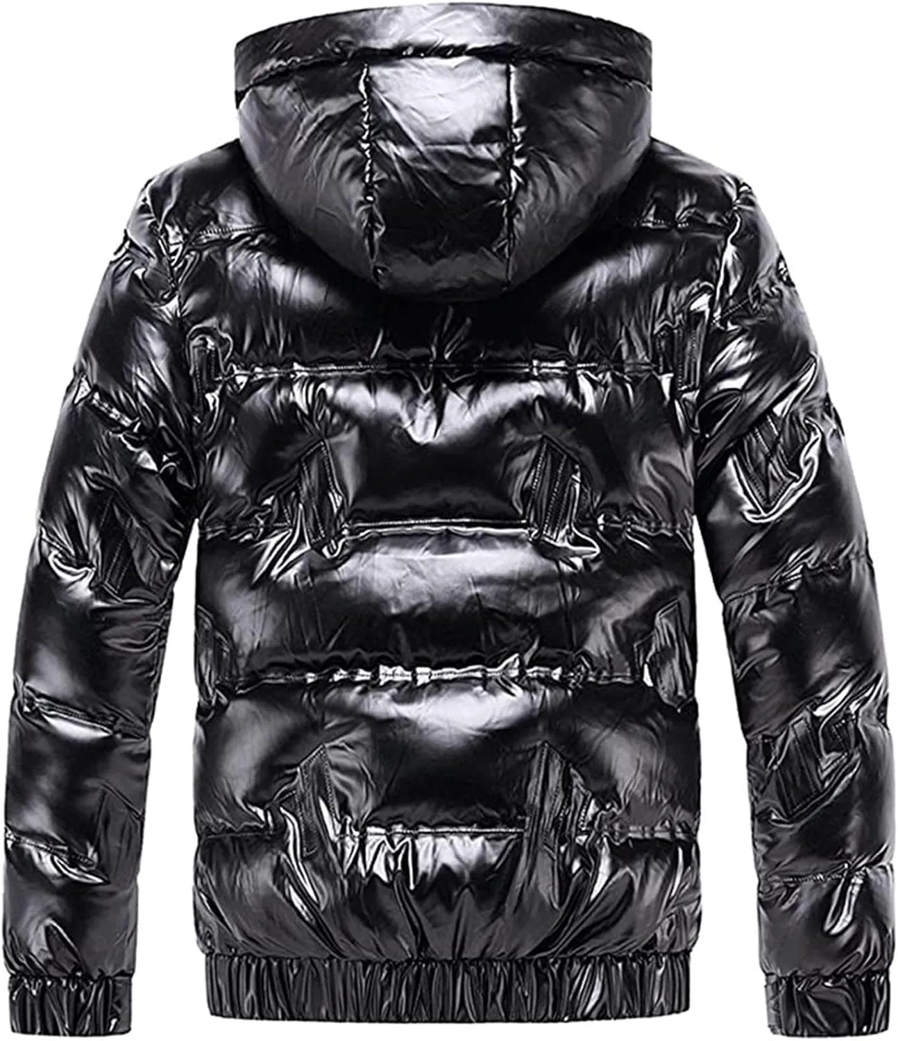 Mens Shiny Puffer Jacket Hooded Down Quilted Insulated Jacket Zip up Padded Coat Glossy Winter Coat Warm Outwear