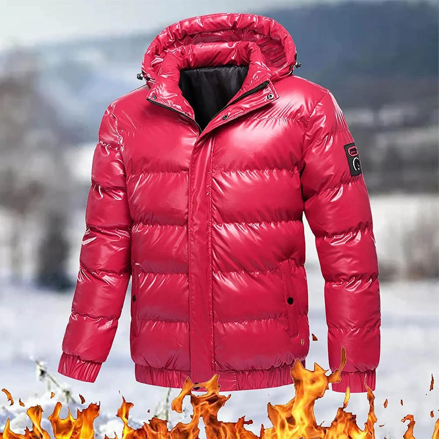 Mens Shiny Puffer Jacket Hooded Down Quilted Insulated Jacket Zip up Padded Coat Glossy Winter Coat Warm Outwear