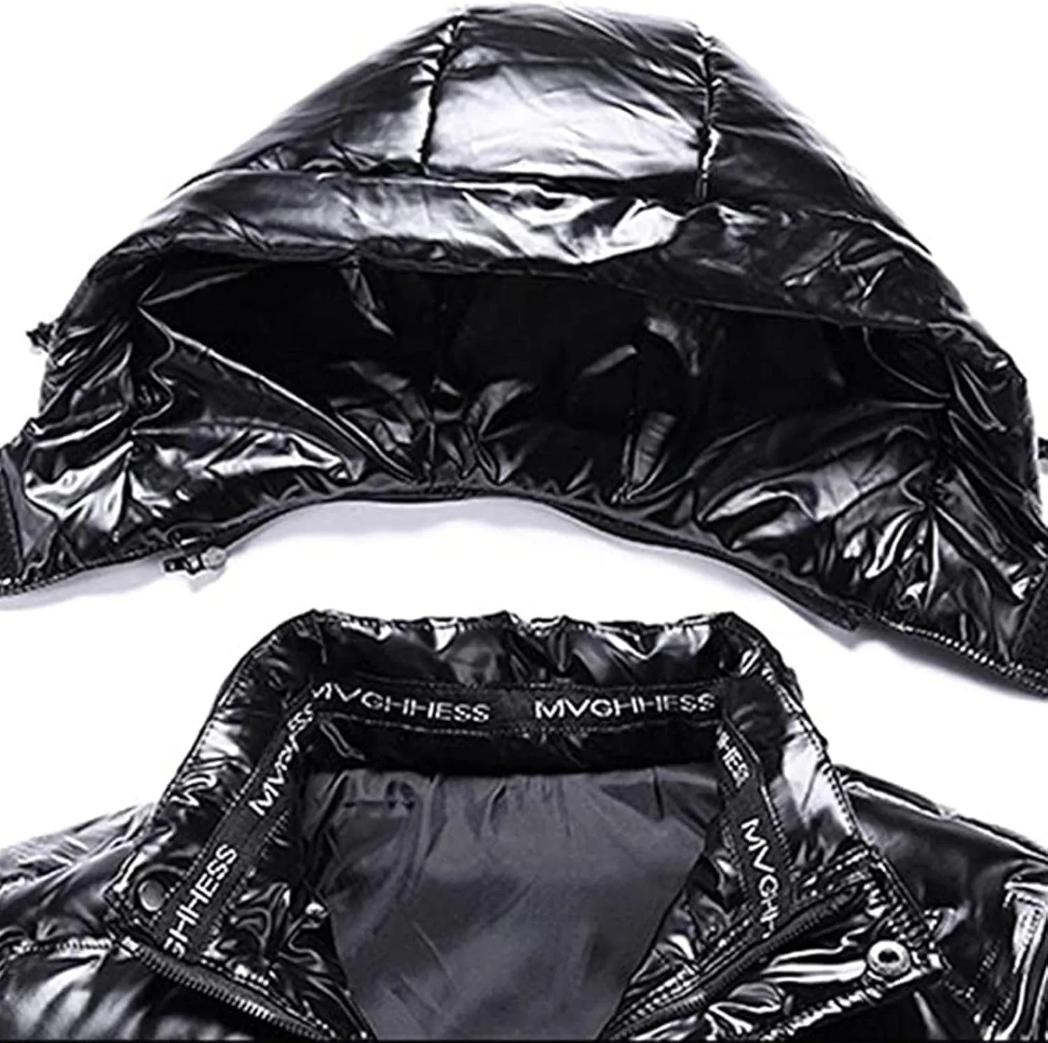 Mens Shiny Puffer Jacket Hooded Down Quilted Insulated Jacket Zip up Padded Coat Glossy Winter Coat Warm Outwear