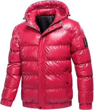 Mens Shiny Puffer Jacket Hooded Down Quilted Insulated Jacket Zip up Padded Coat Glossy Winter Coat Warm Outwear