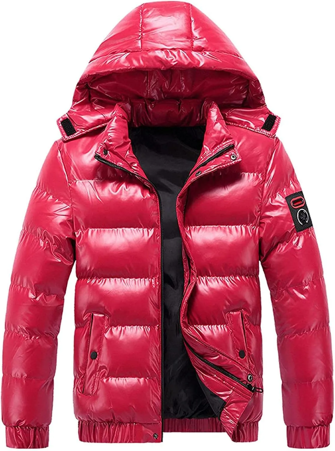 Mens Shiny Puffer Jacket Hooded Down Quilted Insulated Jacket Zip up Padded Coat Glossy Winter Coat Warm Outwear