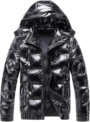 Mens Shiny Puffer Jacket Hooded Down Quilted Insulated Jacket Zip up Padded Coat Glossy Winter Coat Warm Outwear