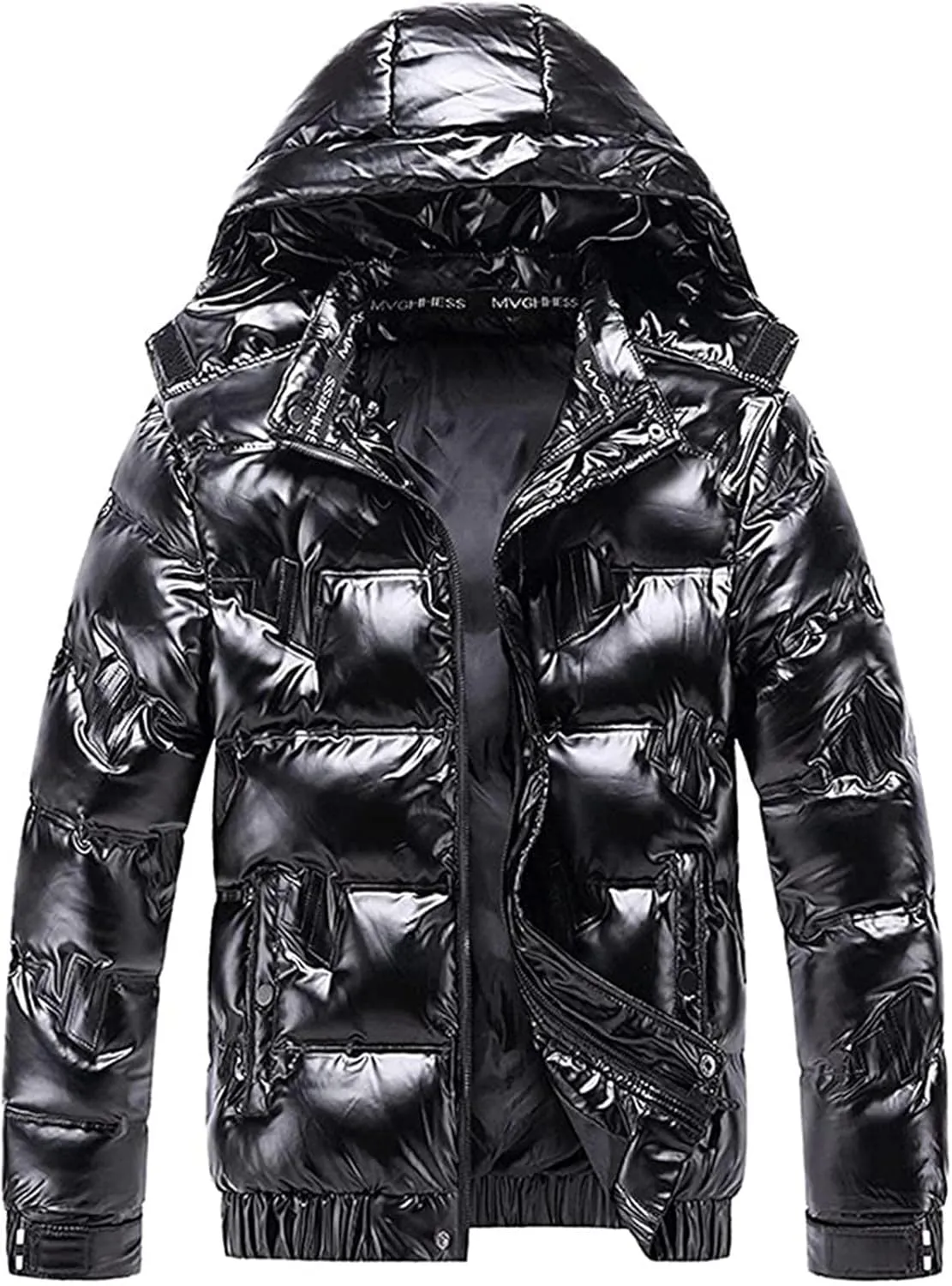 Mens Shiny Puffer Jacket Hooded Down Quilted Insulated Jacket Zip up Padded Coat Glossy Winter Coat Warm Outwear