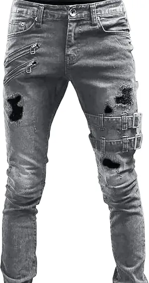 Mens Slim Fit Motor Biker Jeans Stretch Tapered Leg Denim Pants Zipper Deco Buckle Strap Hip Hop Gothic Punk Skinny Jeans