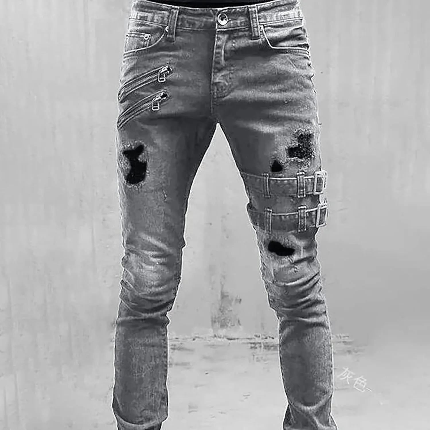 Mens Slim Fit Motor Biker Jeans Stretch Tapered Leg Denim Pants Zipper Deco Buckle Strap Hip Hop Gothic Punk Skinny Jeans