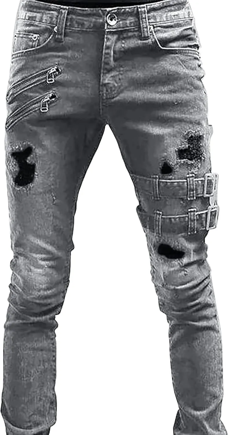 Mens Slim Fit Motor Biker Jeans Stretch Tapered Leg Denim Pants Zipper Deco Buckle Strap Hip Hop Gothic Punk Skinny Jeans