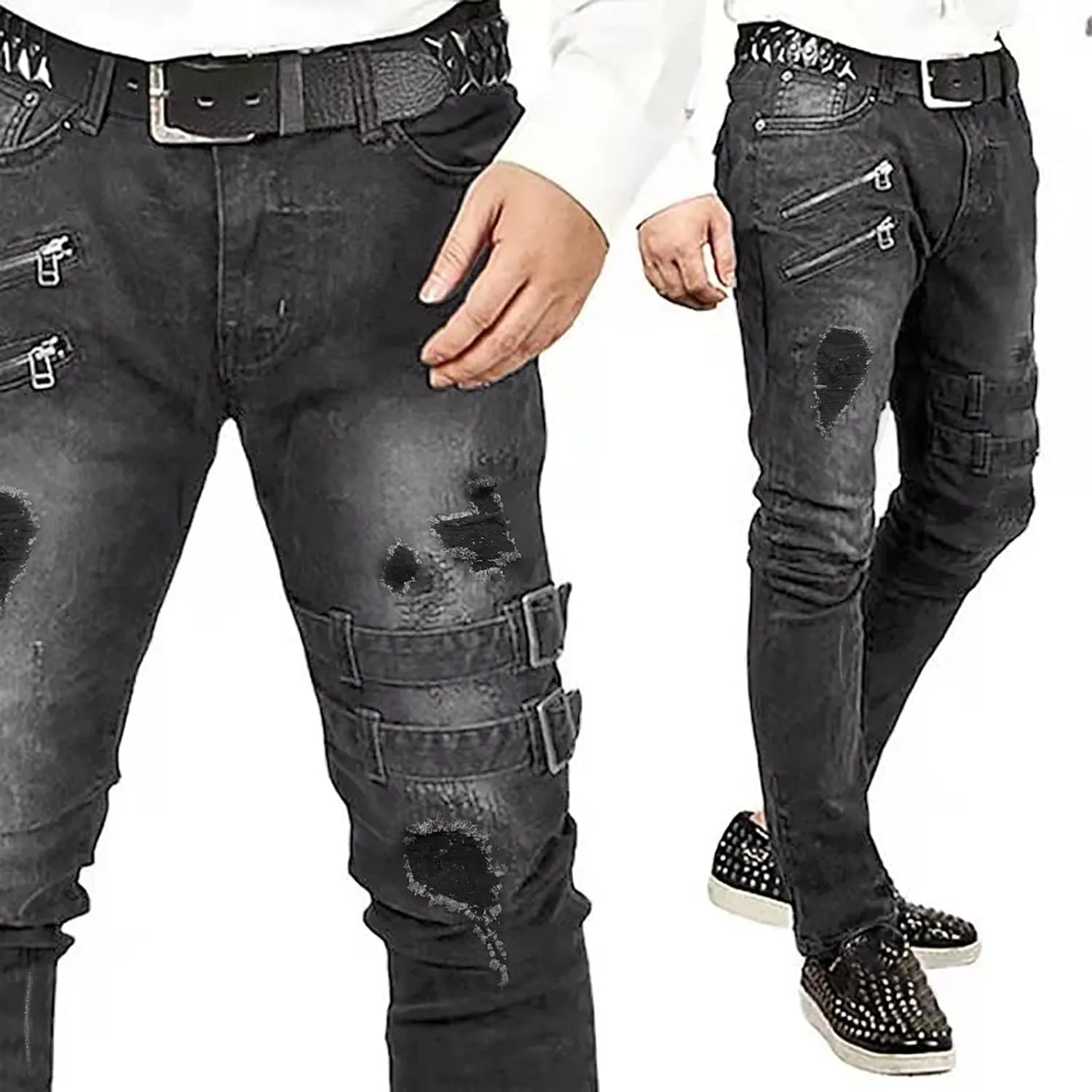 Mens Slim Fit Motor Biker Jeans Stretch Tapered Leg Denim Pants Zipper Deco Buckle Strap Hip Hop Gothic Punk Skinny Jeans