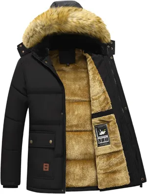 Men's Thermal Winter Parka Jacket Thick Fluff Lining Cotton Padded Coat with Detachable Fur Hood