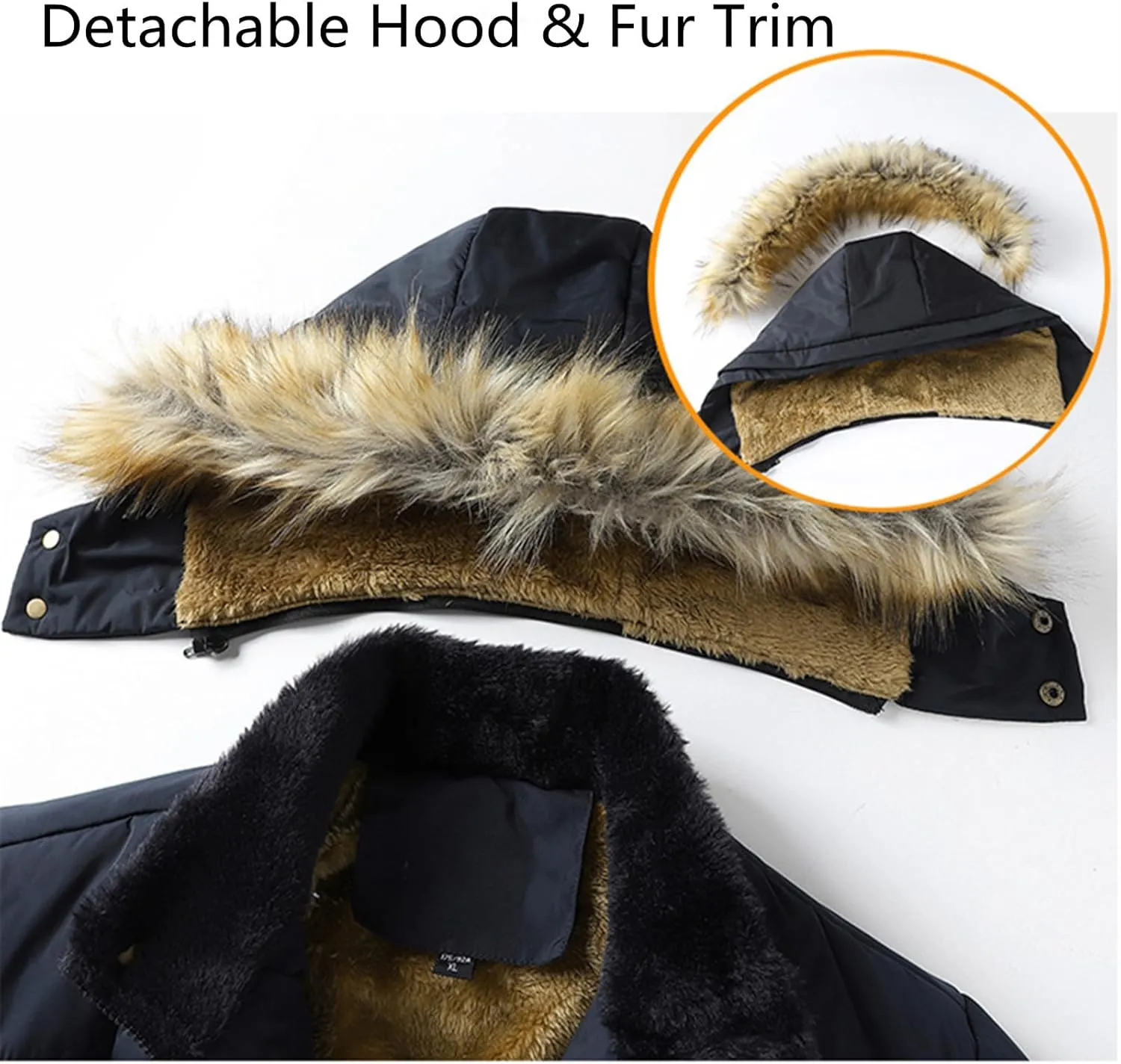 Men's Thermal Winter Parka Jacket Thick Fluff Lining Cotton Padded Coat with Detachable Fur Hood