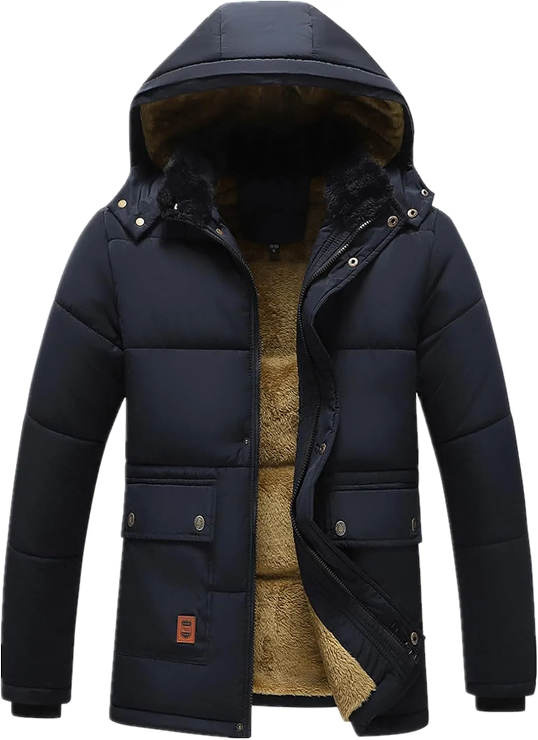 Men's Thermal Winter Parka Jacket Thick Fluff Lining Cotton Padded Coat with Detachable Fur Hood