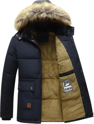 Men's Thermal Winter Parka Jacket Thick Fluff Lining Cotton Padded Coat with Detachable Fur Hood