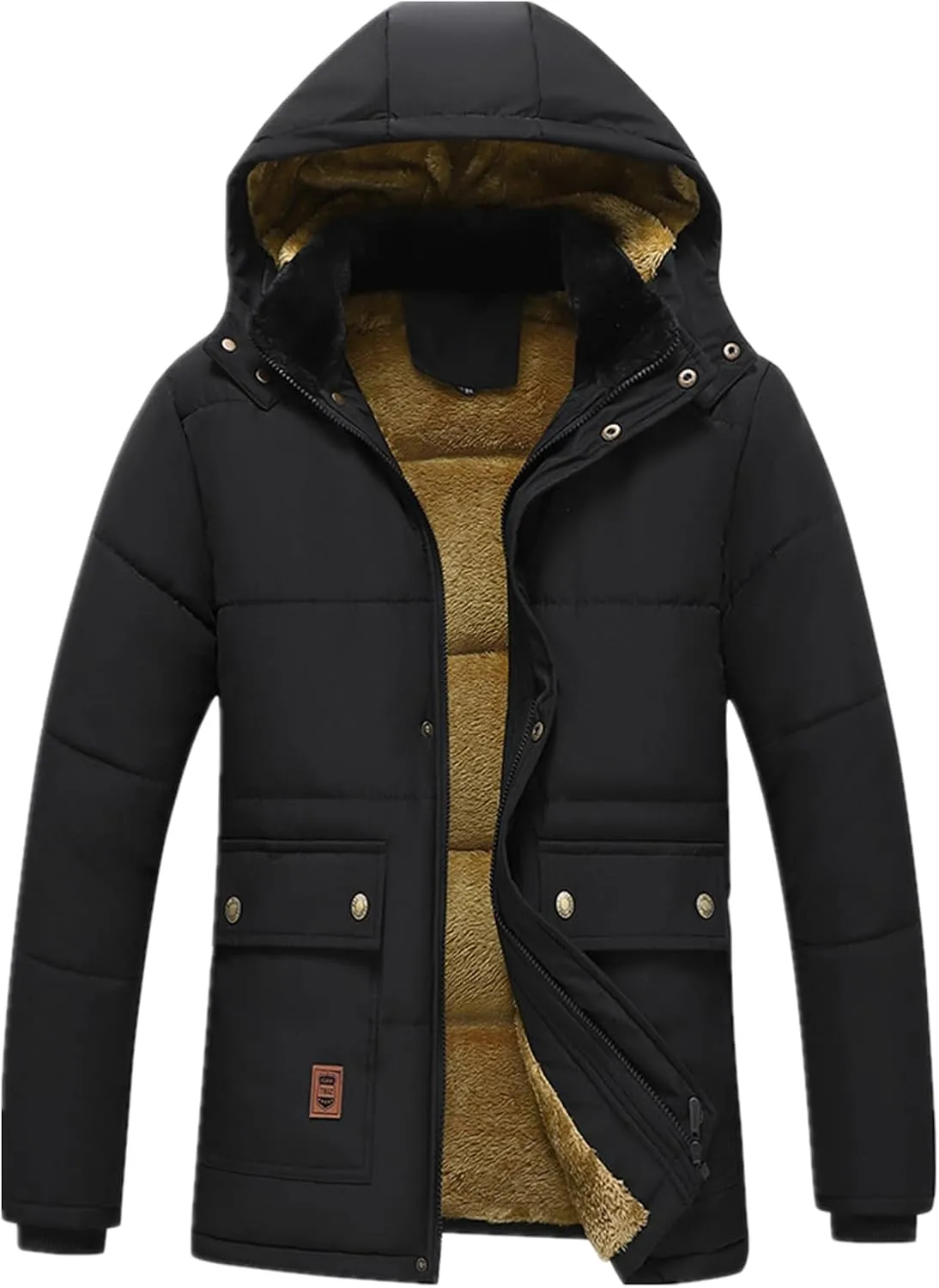 Men's Thermal Winter Parka Jacket Thick Fluff Lining Cotton Padded Coat with Detachable Fur Hood