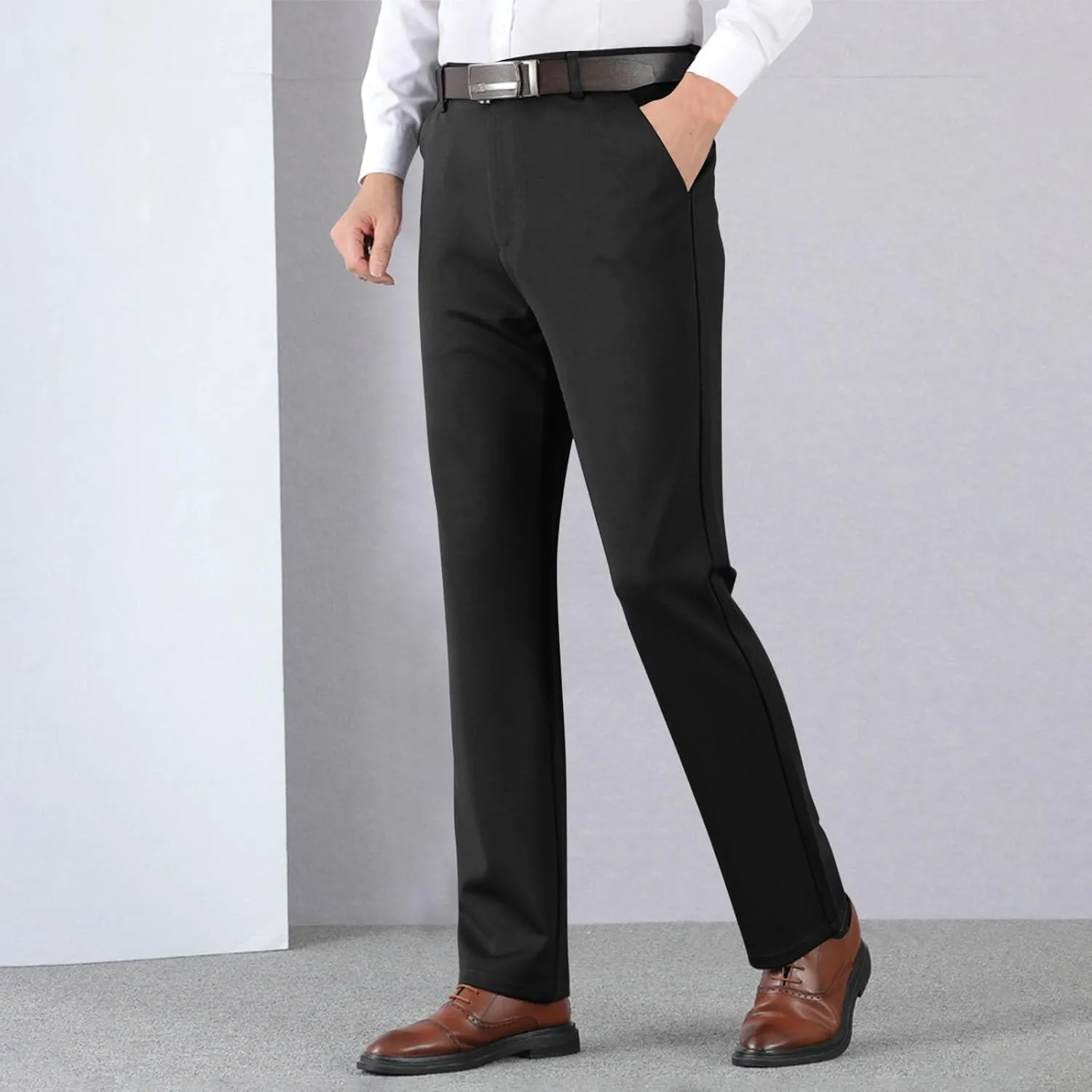 Men's Thicken Dress Pants Flat Front Slim Fit Business Work Pant Casual Straight Leg Suit Trousers with Pockets