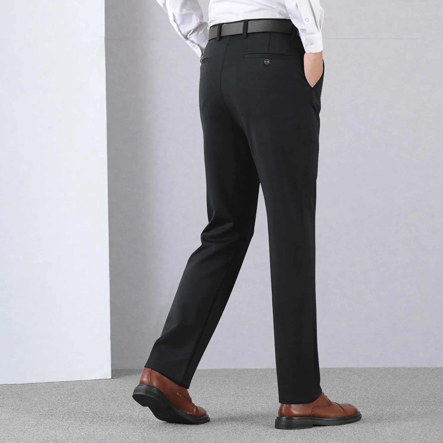 Men's Thicken Dress Pants Flat Front Slim Fit Business Work Pant Casual Straight Leg Suit Trousers with Pockets