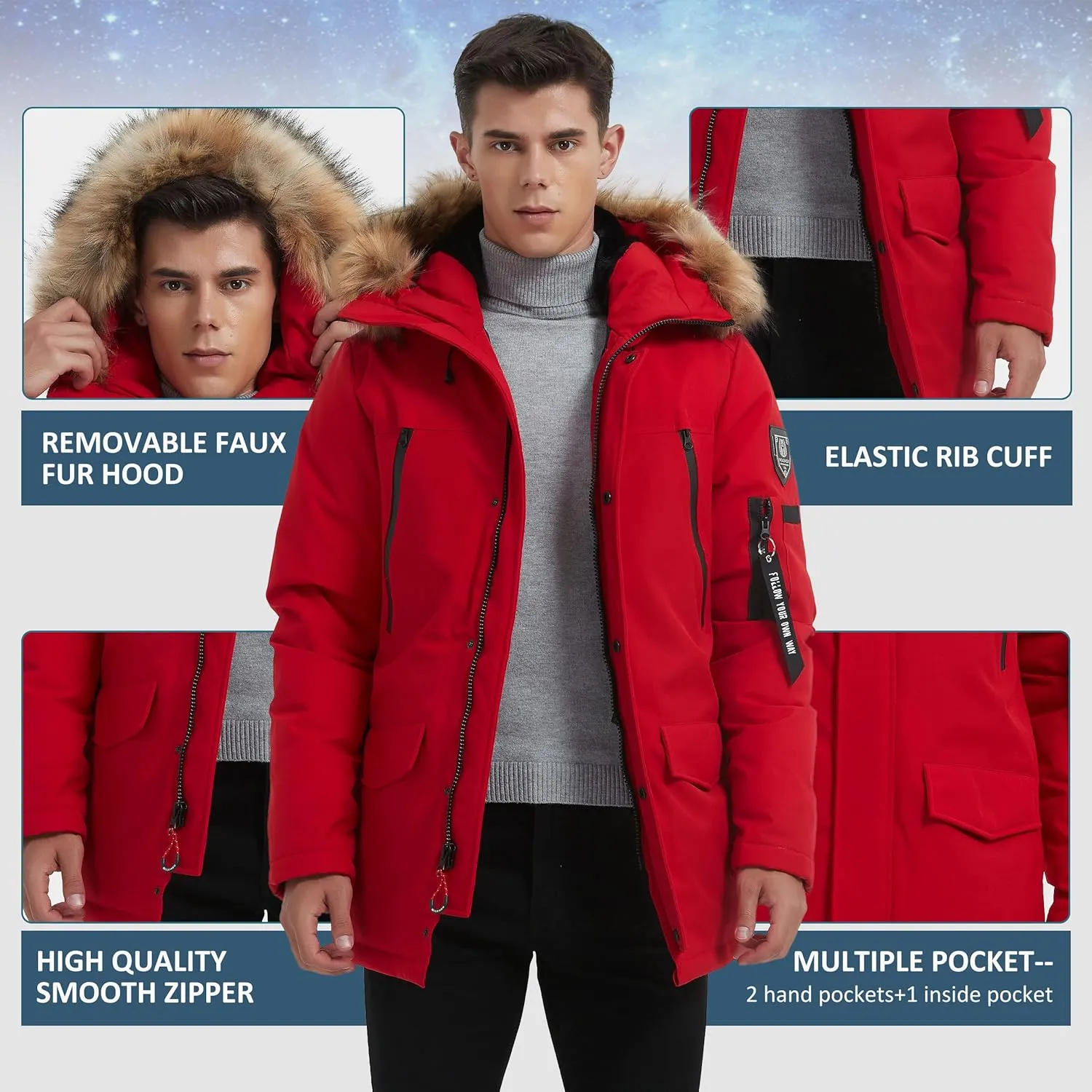 Men's Warm Winter Duck Down Parka Jacket Thickened Warm Hooded Padded Coats with Hood XS-3XL