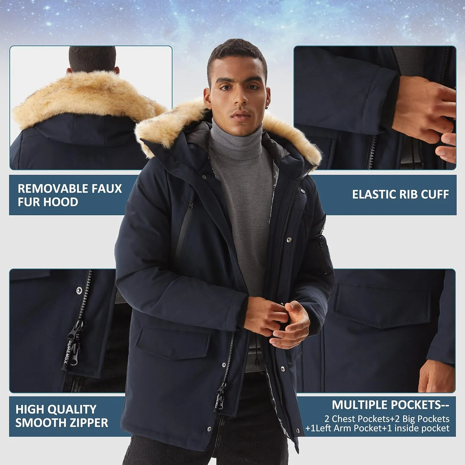 Men's Warm Winter Duck Down Parka Jacket Thickened Warm Hooded Padded Coats with Hood XS-3XL