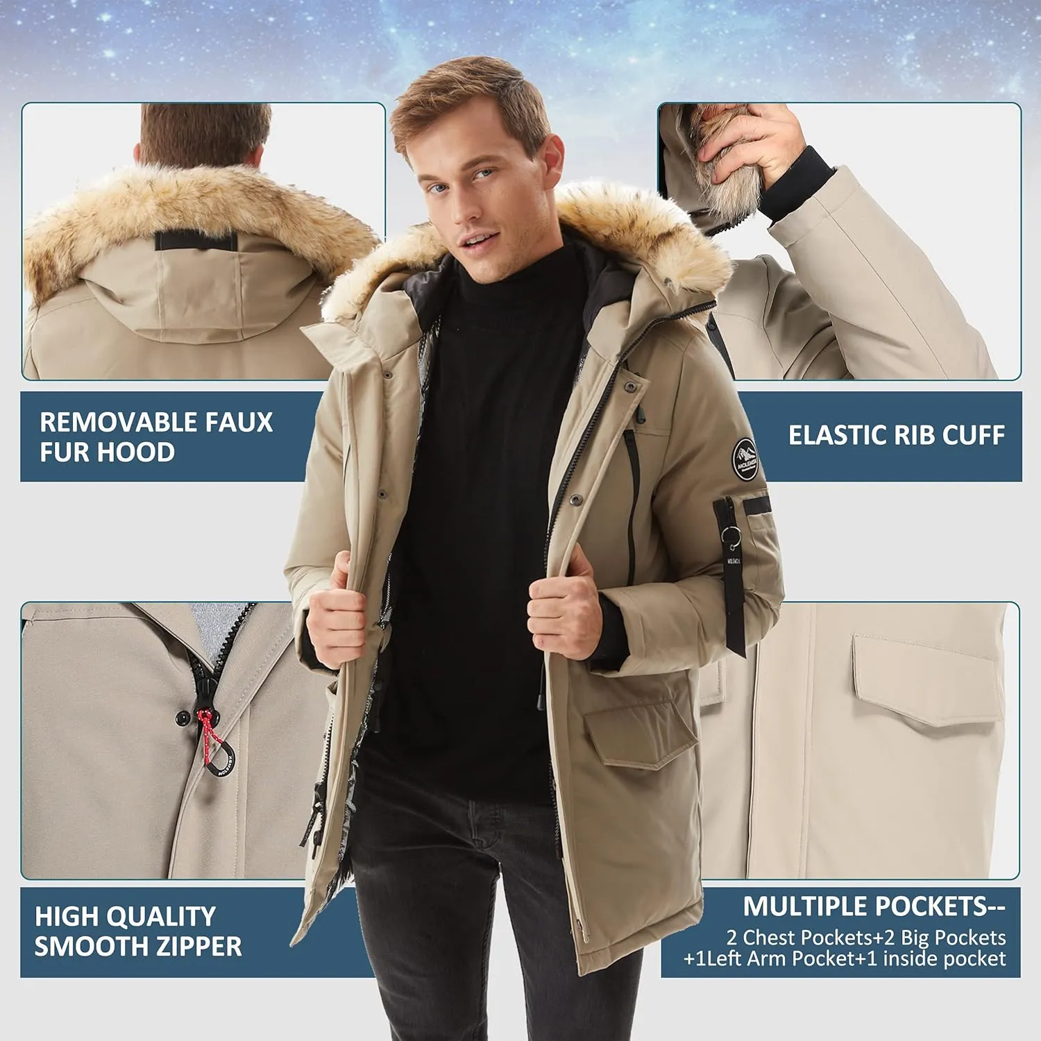 Men's Warm Winter Duck Down Parka Jacket Thickened Warm Hooded Padded Coats with Hood XS-3XL