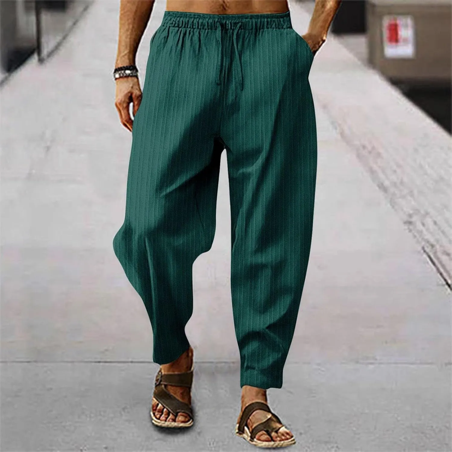 Mens White Linen Casual Pants Elastic Waist Loose Fit Straight-Legs Stretchy Summer Beach Long Baggy Yoga Trousers