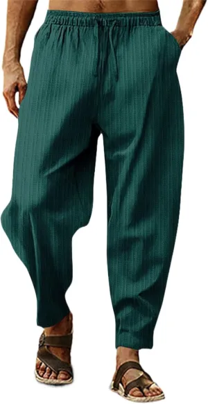 Mens White Linen Casual Pants Elastic Waist Loose Fit Straight-Legs Stretchy Summer Beach Long Baggy Yoga Trousers