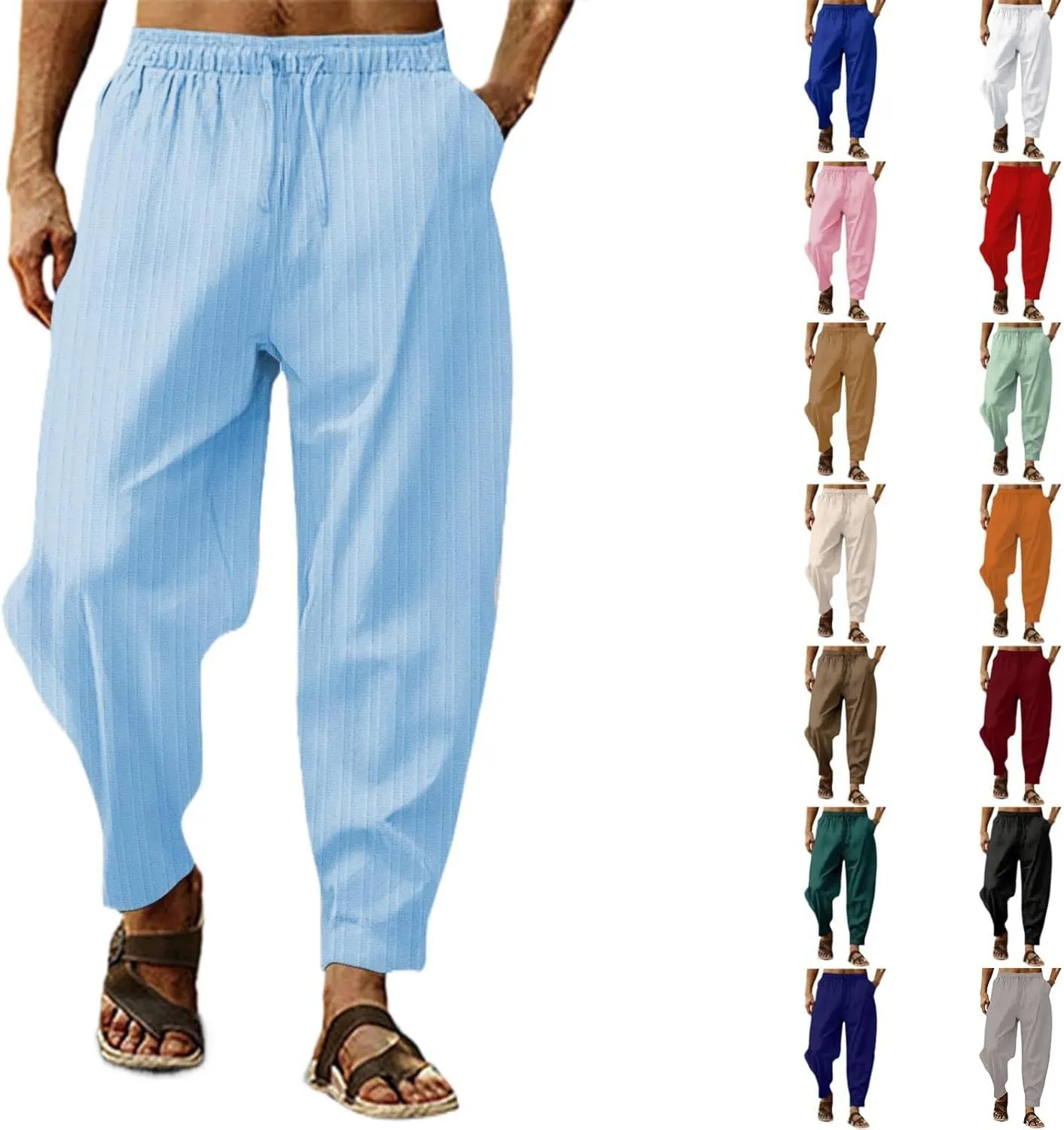 Mens White Linen Casual Pants Elastic Waist Loose Fit Straight-Legs Stretchy Summer Beach Long Baggy Yoga Trousers