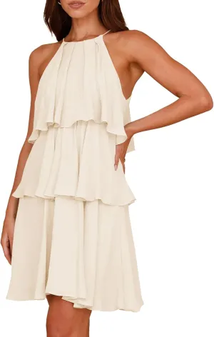MITILLY Womens Summer 2025 Casual Sleeveless Halter Ruffle Tiered Layered Swing Mini Dress Beach Vacation Sundress