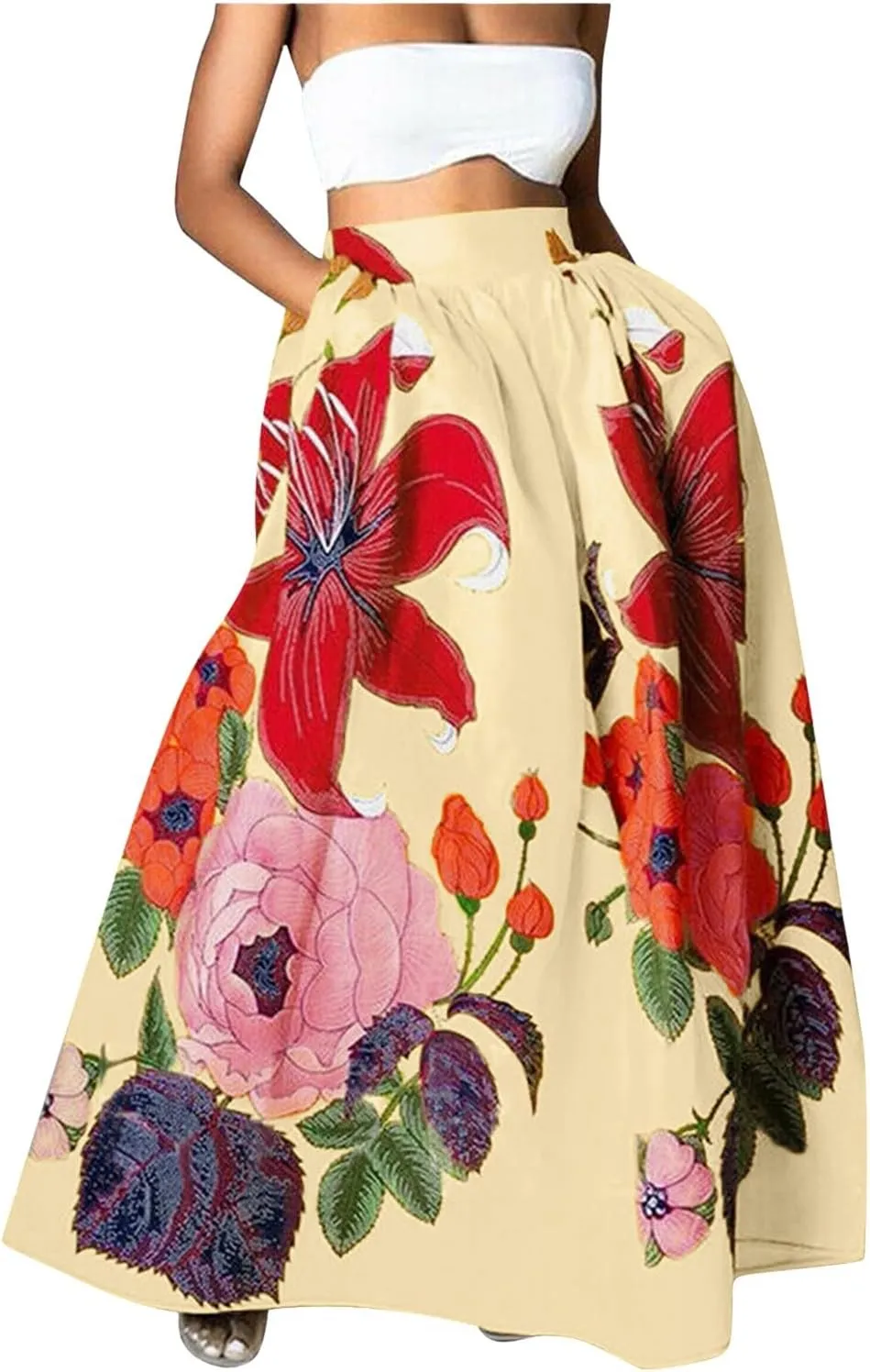 Miyaomn Women's Boho Floral Printed Maxi Skirt Summer Beach High Waisted Mopping Floor Length A Line Long Skirts with Pockets