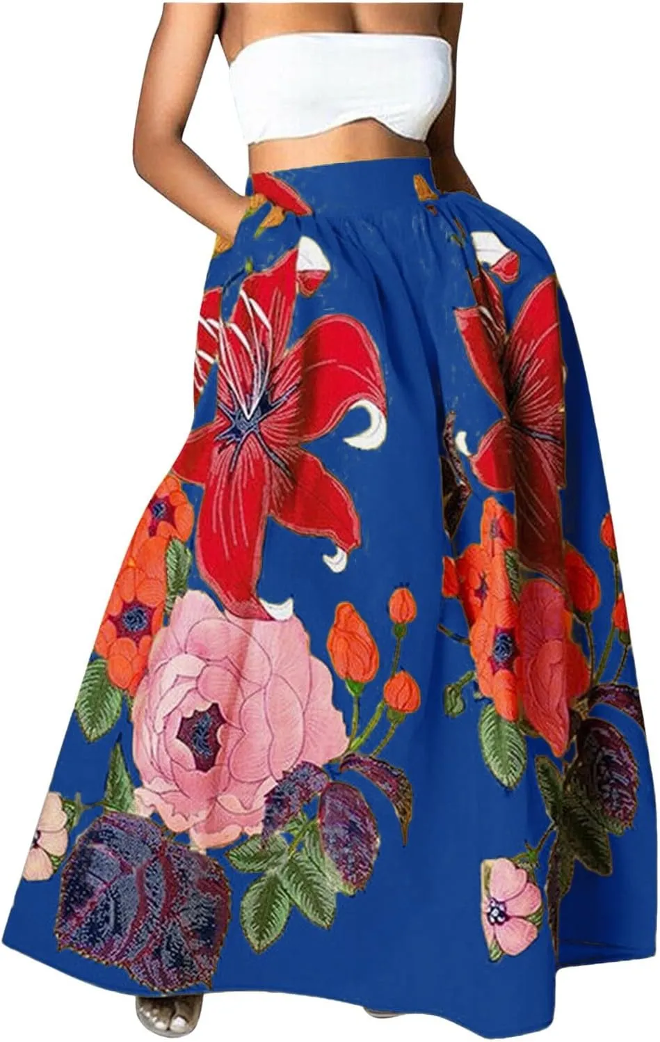 Miyaomn Women's Boho Floral Printed Maxi Skirt Summer Beach High Waisted Mopping Floor Length A Line Long Skirts with Pockets