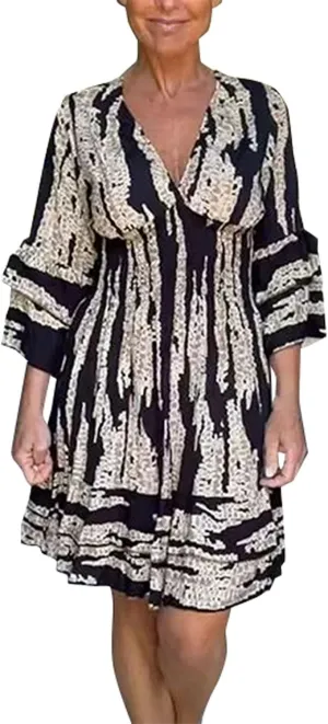 Miyaomn Women's Casual Print V Neck Summer Dresses Smocked Waist Long Sleeve Sundress Ruffled Flowy Beach Vacation Midi Dress