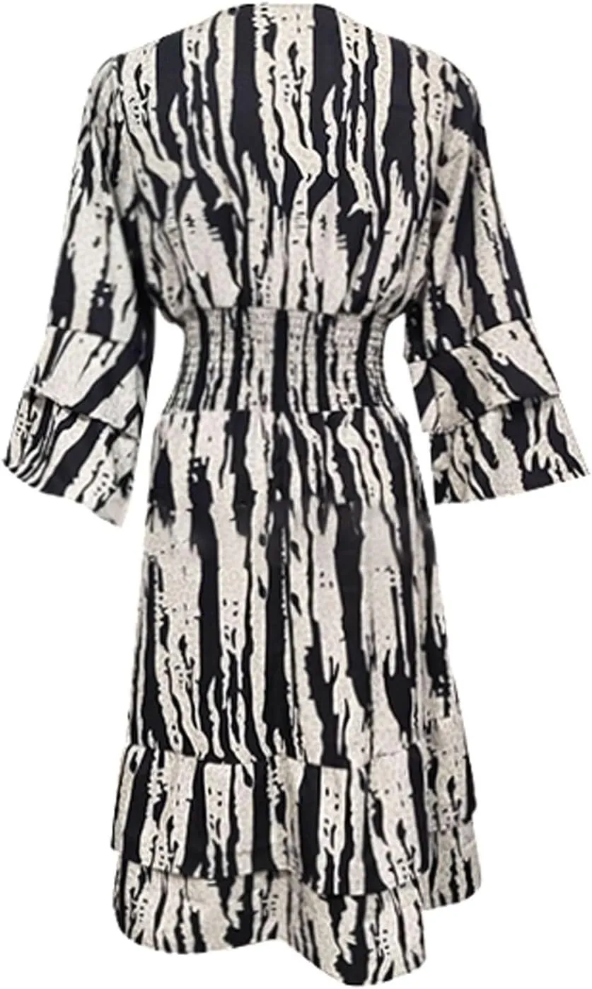 Miyaomn Women's Casual Print V Neck Summer Dresses Smocked Waist Long Sleeve Sundress Ruffled Flowy Beach Vacation Midi Dress