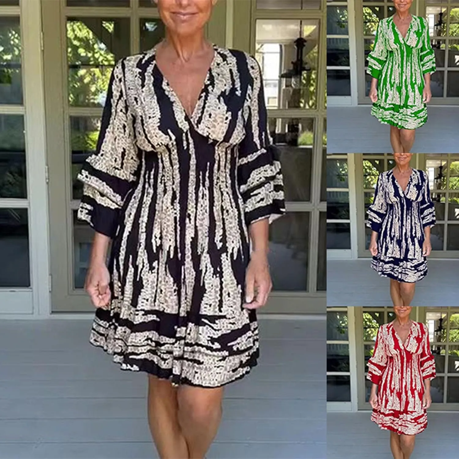 Miyaomn Women's Casual Print V Neck Summer Dresses Smocked Waist Long Sleeve Sundress Ruffled Flowy Beach Vacation Midi Dress