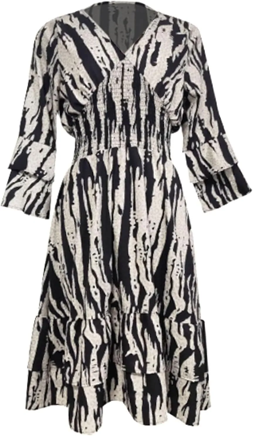 Miyaomn Women's Casual Print V Neck Summer Dresses Smocked Waist Long Sleeve Sundress Ruffled Flowy Beach Vacation Midi Dress