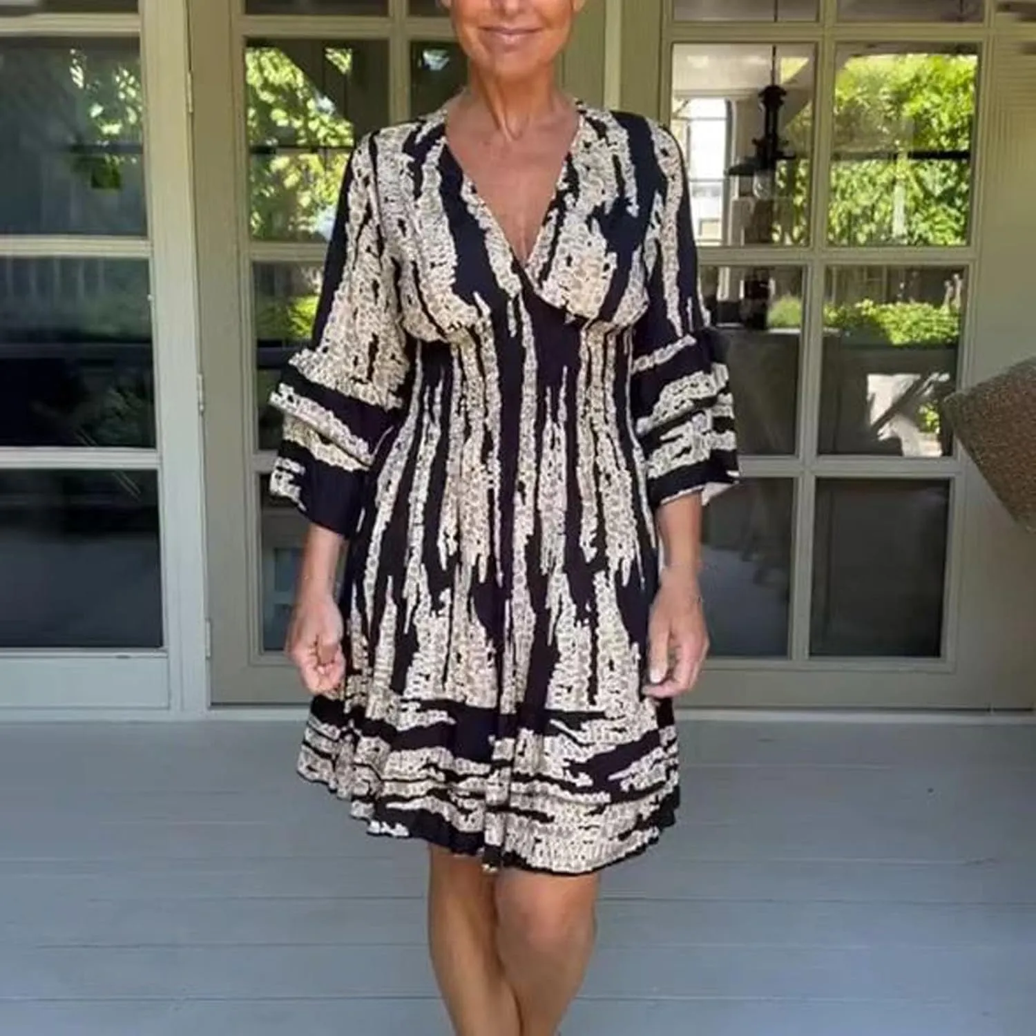 Miyaomn Women's Casual Print V Neck Summer Dresses Smocked Waist Long Sleeve Sundress Ruffled Flowy Beach Vacation Midi Dress