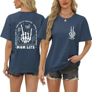 Mom Life Shirts for Women Funny Oversized Mama Tshirt Skeleton Graphic Tees Vintage Casual Short Sleeve T-Shirts Tops