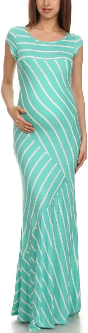 Multiple Block Striped, tee Maxi Dress with Capped Sleeves and a Mermaid Skirt Boat Neck.