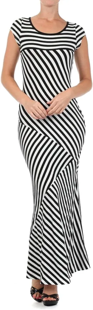 Multiple Block Striped, tee Maxi Dress with Capped Sleeves and a Mermaid Skirt Boat Neck.