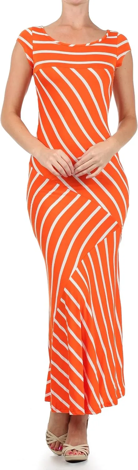 Multiple Block Striped, tee Maxi Dress with Capped Sleeves and a Mermaid Skirt Boat Neck.