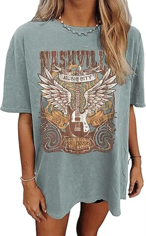 Music City Shirt for Women Country Music T-Shirt Vintage Guitar Wings Graphic Country Concert Tee Tops