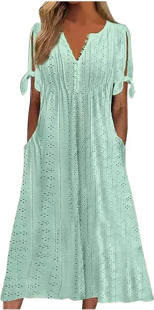 NaRHbrg Womens Summer Dress Casual Floral Print Midi Dress Button V Neck Short Sleeve Dresses Flowy Boho Beach Party Sundress