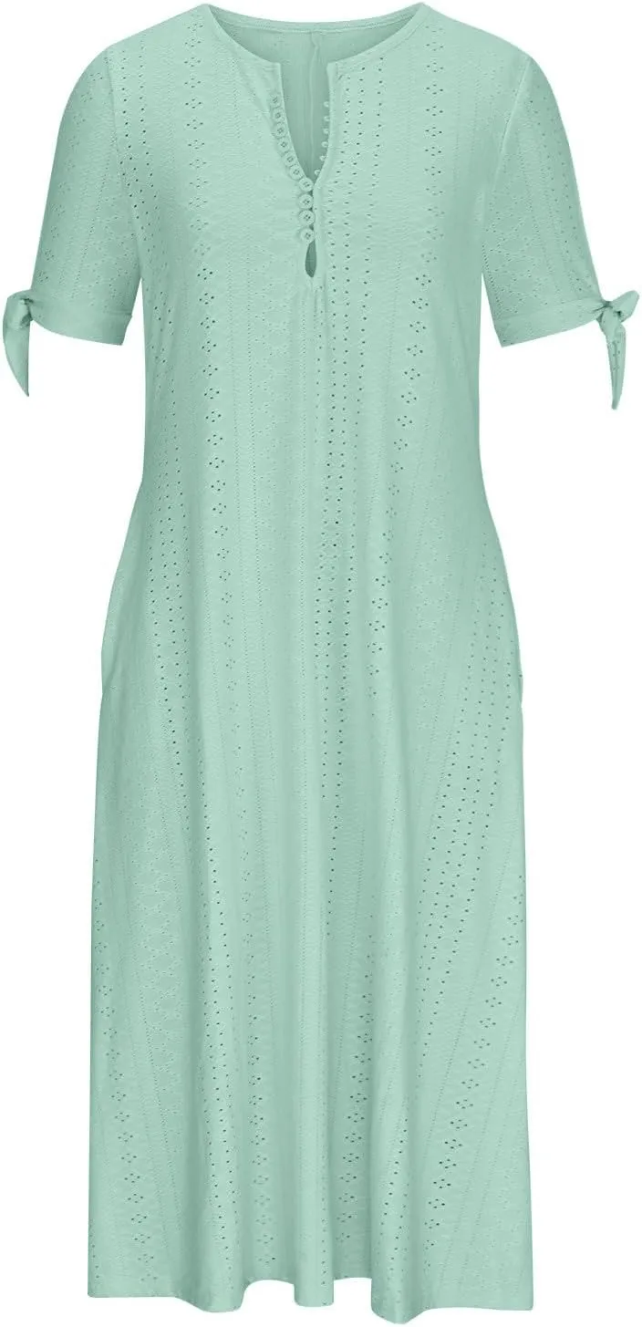 NaRHbrg Womens Summer Dress Casual Floral Print Midi Dress Button V Neck Short Sleeve Dresses Flowy Boho Beach Party Sundress