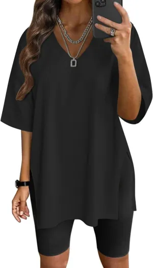 Neweek Womens Oversized Workout T Shirts Short Sleeve V Neck Side Slit T-Shirt Summer Casual Basic Tee Tops Loose Fit