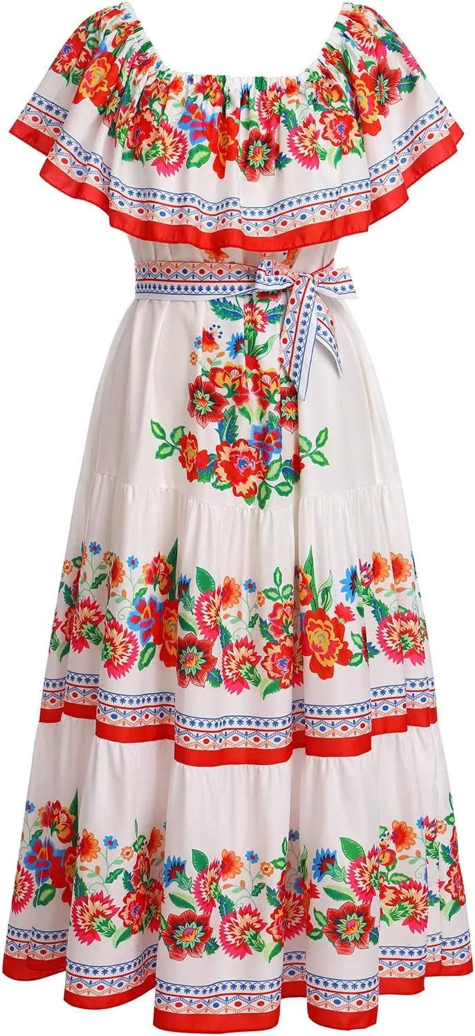 ODASDO Mexican Dresses for Women Traditional Fiesta Off Shoulder Collect Waist Maxi Dress Summer Casual Party Beach Dress