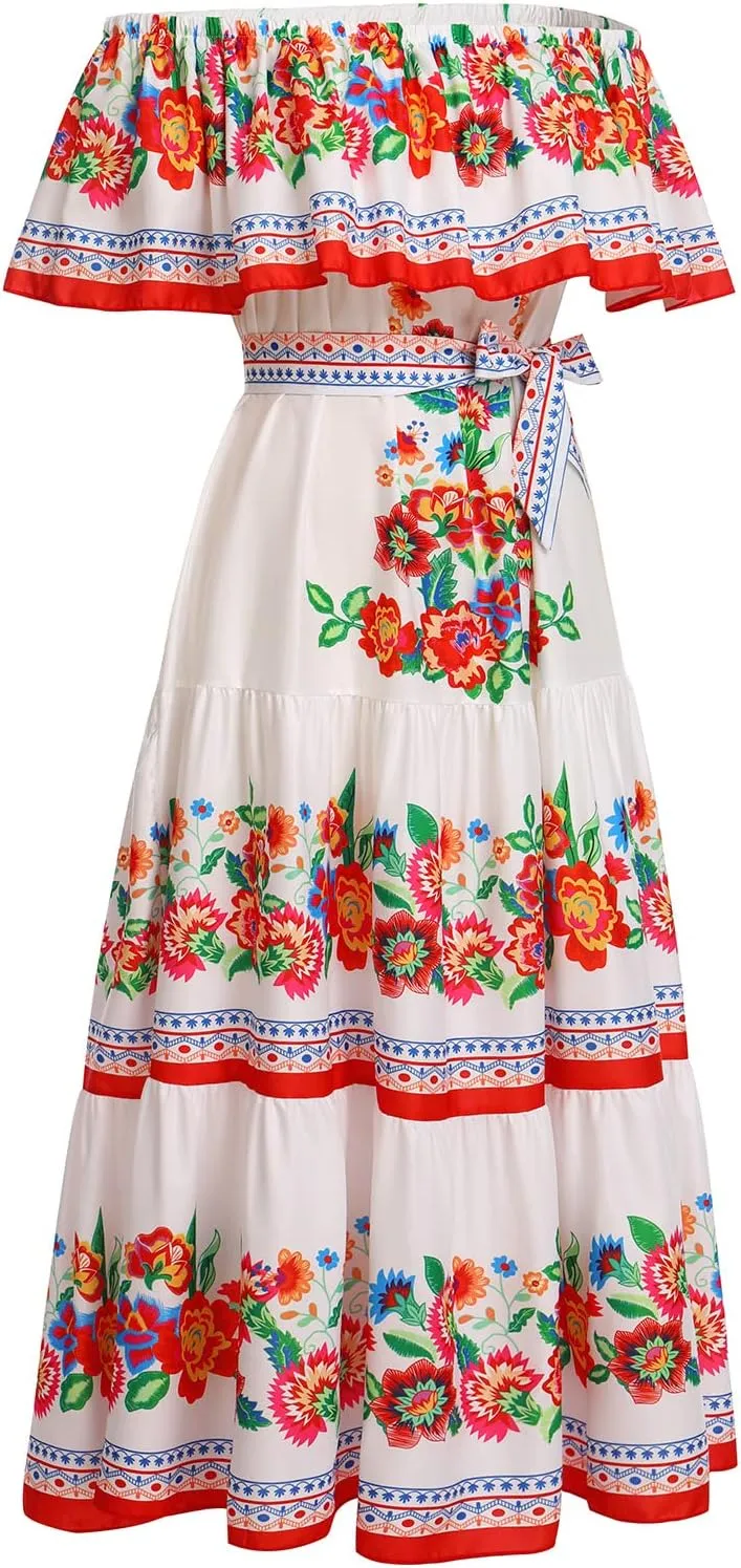 ODASDO Mexican Dresses for Women Traditional Fiesta Off Shoulder Collect Waist Maxi Dress Summer Casual Party Beach Dress