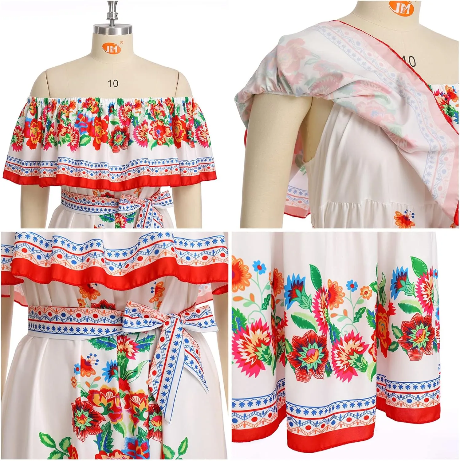 ODASDO Mexican Dresses for Women Traditional Fiesta Off Shoulder Collect Waist Maxi Dress Summer Casual Party Beach Dress