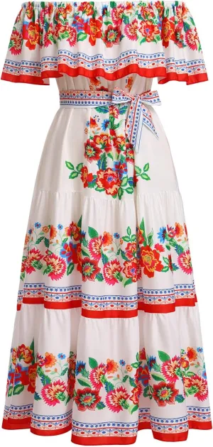 ODASDO Mexican Dresses for Women Traditional Fiesta Off Shoulder Collect Waist Maxi Dress Summer Casual Party Beach Dress