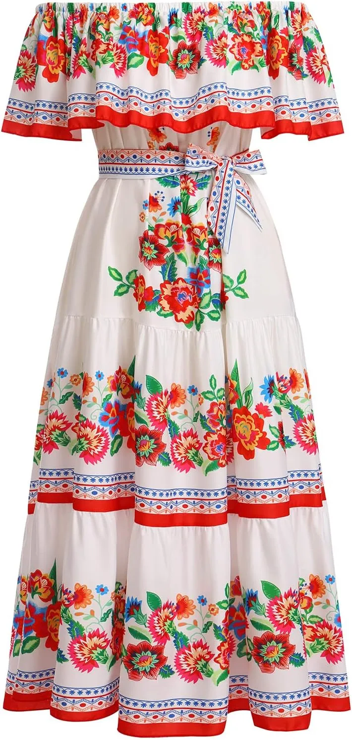 ODASDO Mexican Dresses for Women Traditional Fiesta Off Shoulder Collect Waist Maxi Dress Summer Casual Party Beach Dress