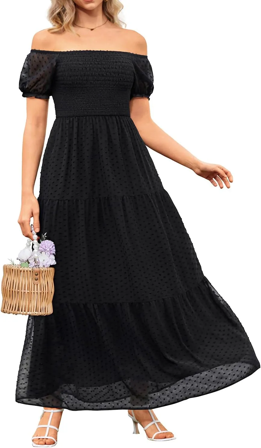 Off The Shoulder Dresses Women - Summer Boho Chiffon Swiss Dot Smocked Puff Sleeve A Line Long Flowy Maxi Sundress 2025