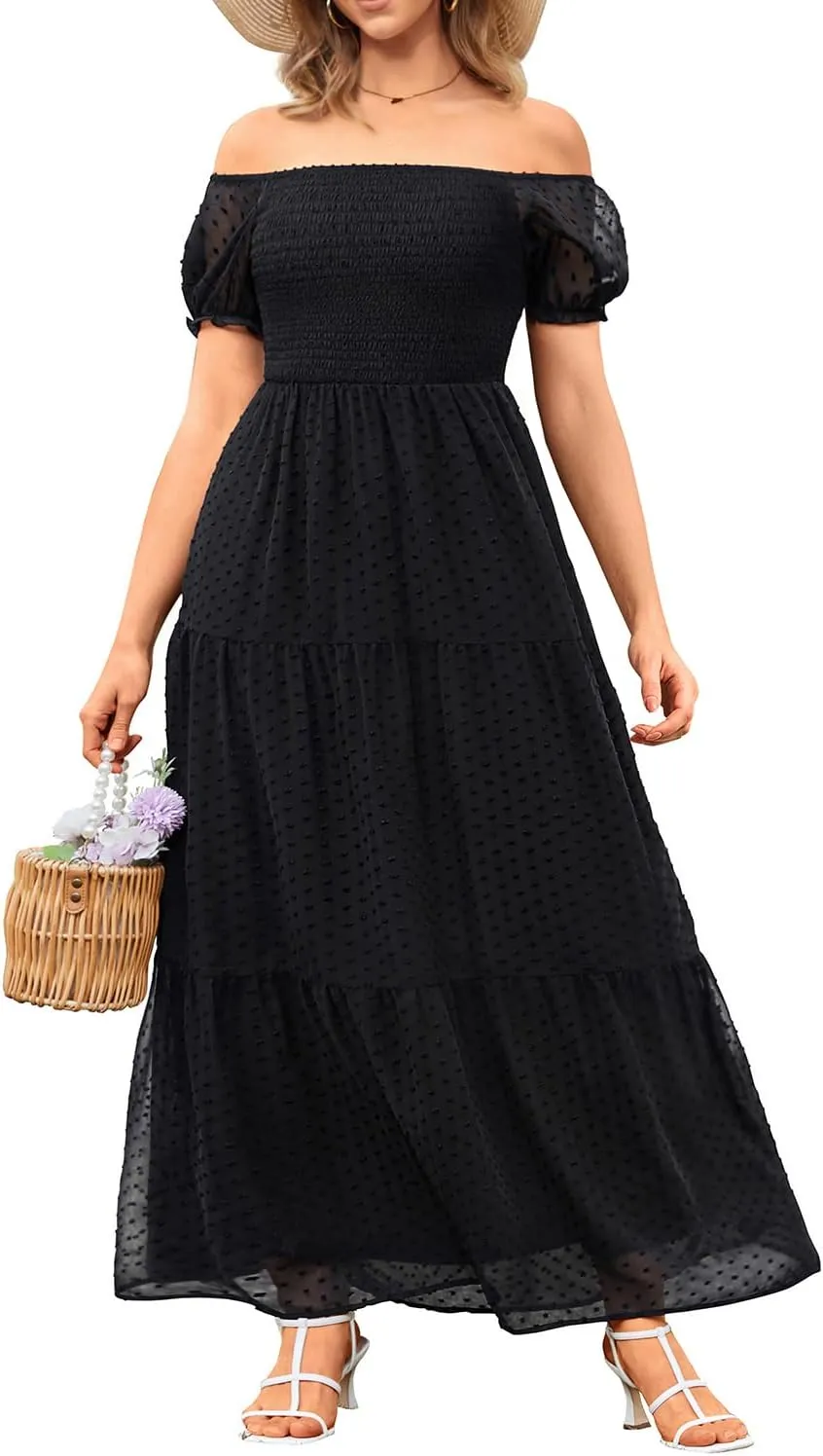 Off The Shoulder Dresses Women - Summer Boho Chiffon Swiss Dot Smocked Puff Sleeve A Line Long Flowy Maxi Sundress 2025