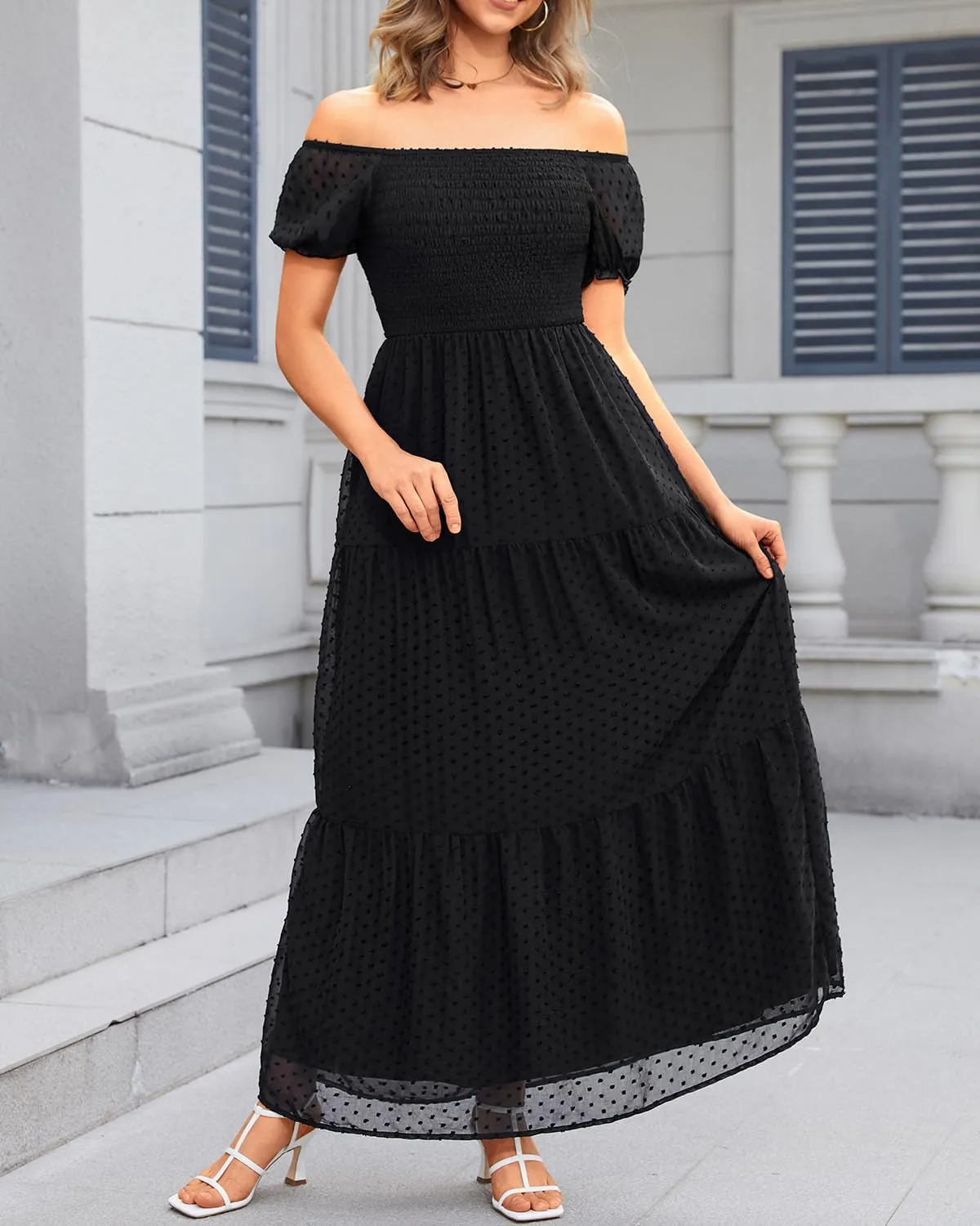 Off The Shoulder Dresses Women - Summer Boho Chiffon Swiss Dot Smocked Puff Sleeve A Line Long Flowy Maxi Sundress 2025
