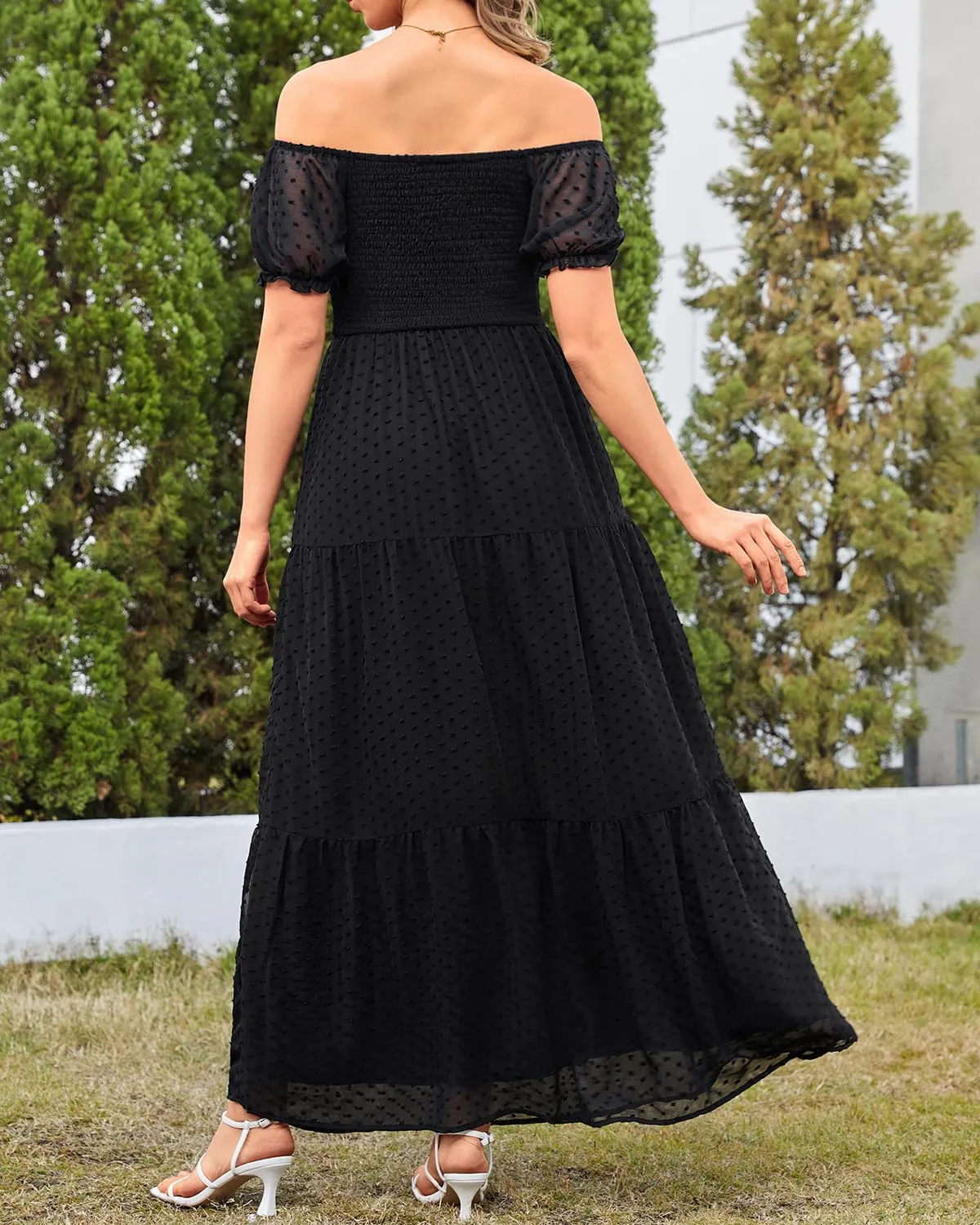 Off The Shoulder Dresses Women - Summer Boho Chiffon Swiss Dot Smocked Puff Sleeve A Line Long Flowy Maxi Sundress 2025