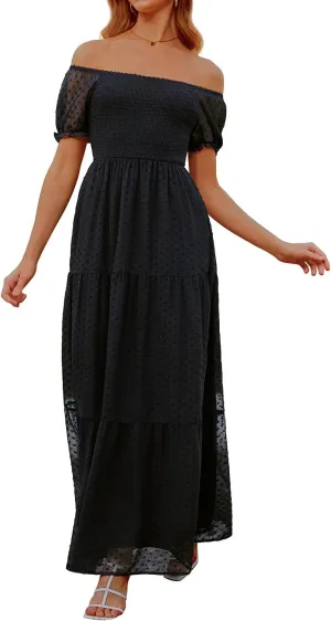 Off The Shoulder Dresses Women - Summer Boho Chiffon Swiss Dot Smocked Puff Sleeve A Line Long Flowy Maxi Sundress 2025